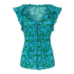 Derek Lab Bright Blue Floral Tie Top Size 42 Summer Colorful Designer Preppy